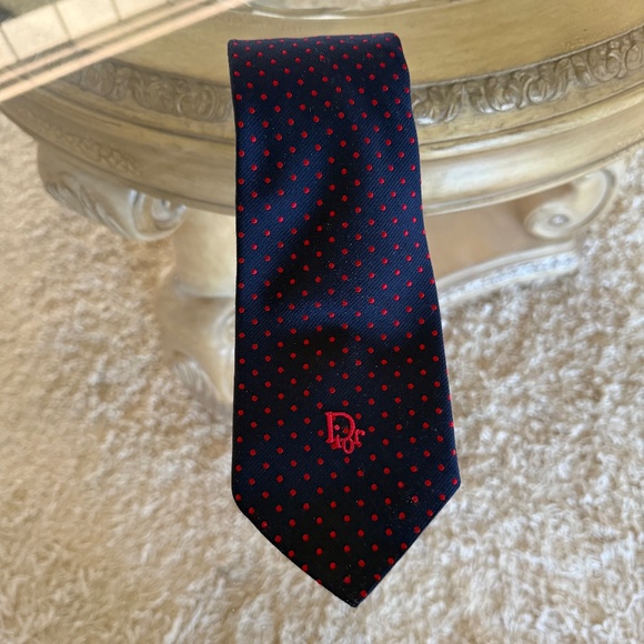 VINTAGE Christian Dior Logo Necktie Men's Blue Red Polka Dots USA Silk Blend 54" - Picture 1 of 4